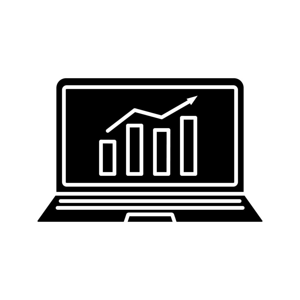 Statistics glyph icon. Laptop display with market growth chart. Analysis. Statistics diagram. Silhouette symbol. Negative space. Vector isolated illustration