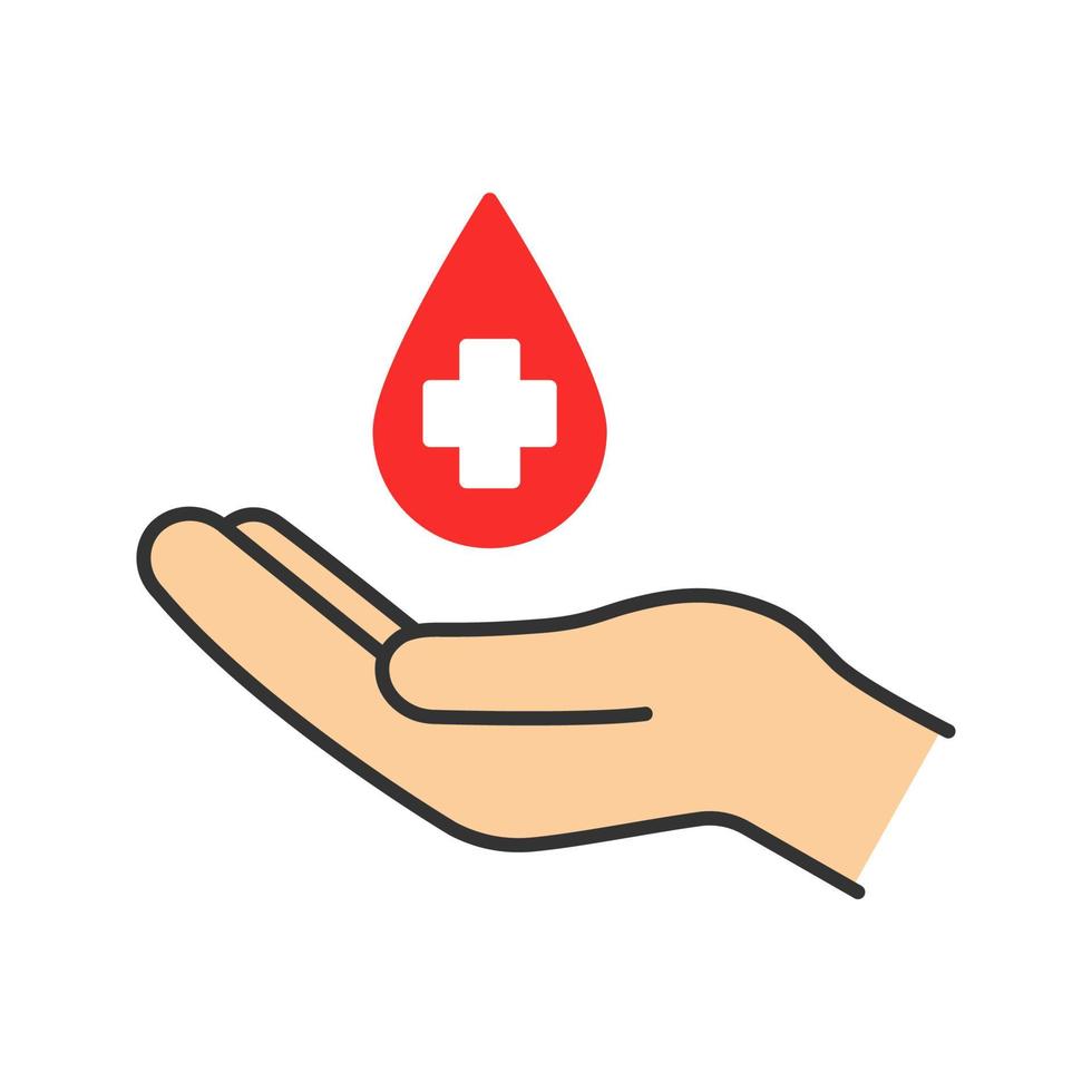 Blood donation color icon. Hand holding liquid drop with medical cross. Isolated vector illustration