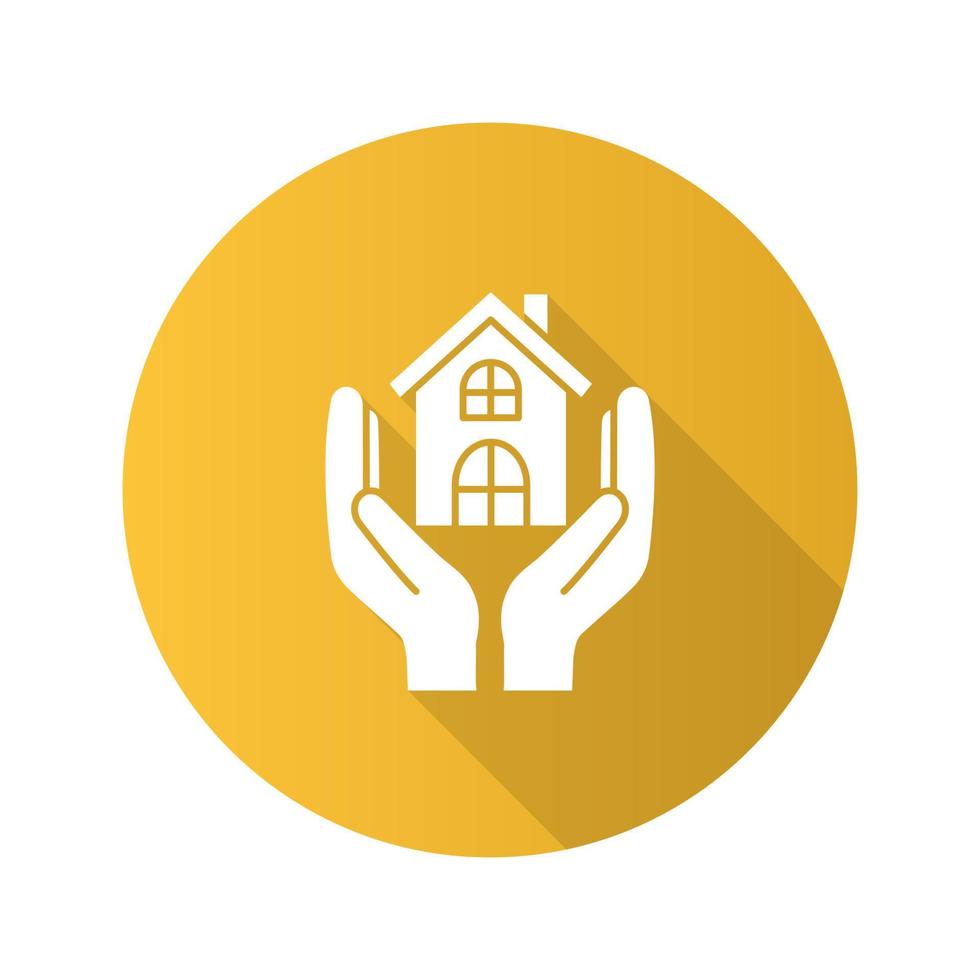 Affordable housing flat design long shadow glyph icon. Shelter for homeless. Real estate insurance. Hands holding house. Vector silhouette illustration