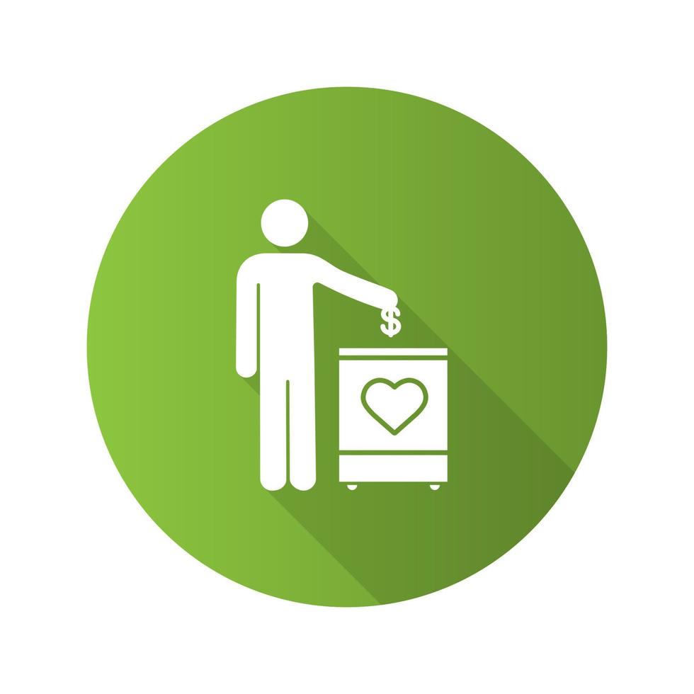 Donation box flat design long shadow glyph icon. Moneybox. Fundraising. Donate money to charity. Person dropping dollar coin into donation box. Vector silhouette illustration