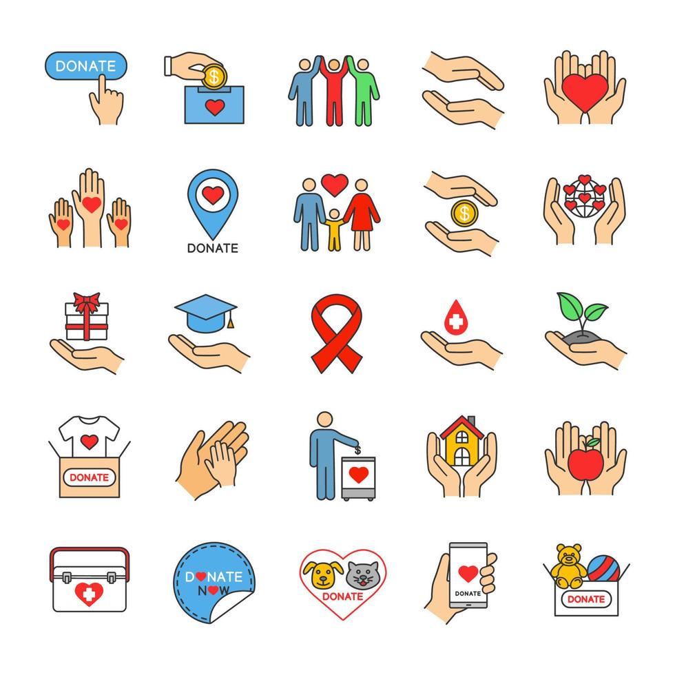 Charity color icons set. Donation. Fundraising, helping hands, volunteering, humanitarian aid. Isolated vector illustrations