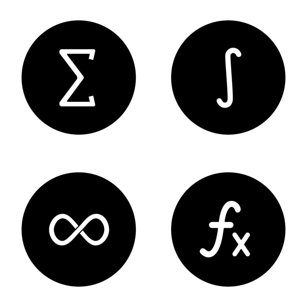 Mathematics glyph icons set. Sigma, integral, infinity sign, function. Vector white silhouettes illustrations in black circles