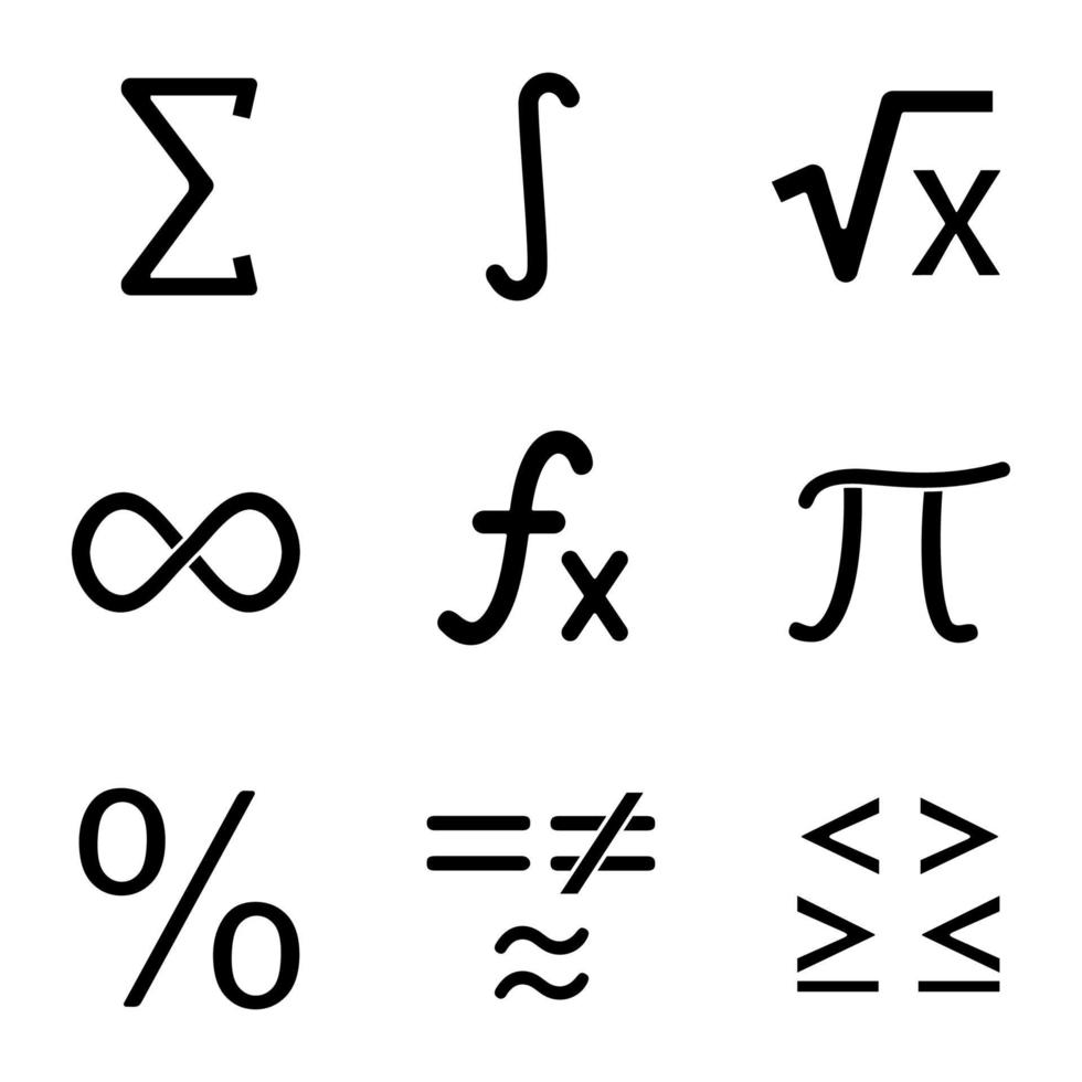 Conjunto de iconos de glifo de matemáticas. símbolos matemáticos. álgebra. símbolos de silueta. vector ilustración aislada