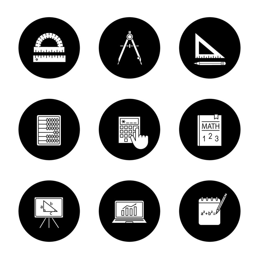 Mathematics glyph icons set. Geometry and algebra. Drafting tools, textbook, abacus, calculator. Vector white silhouettes illustrations in black circles