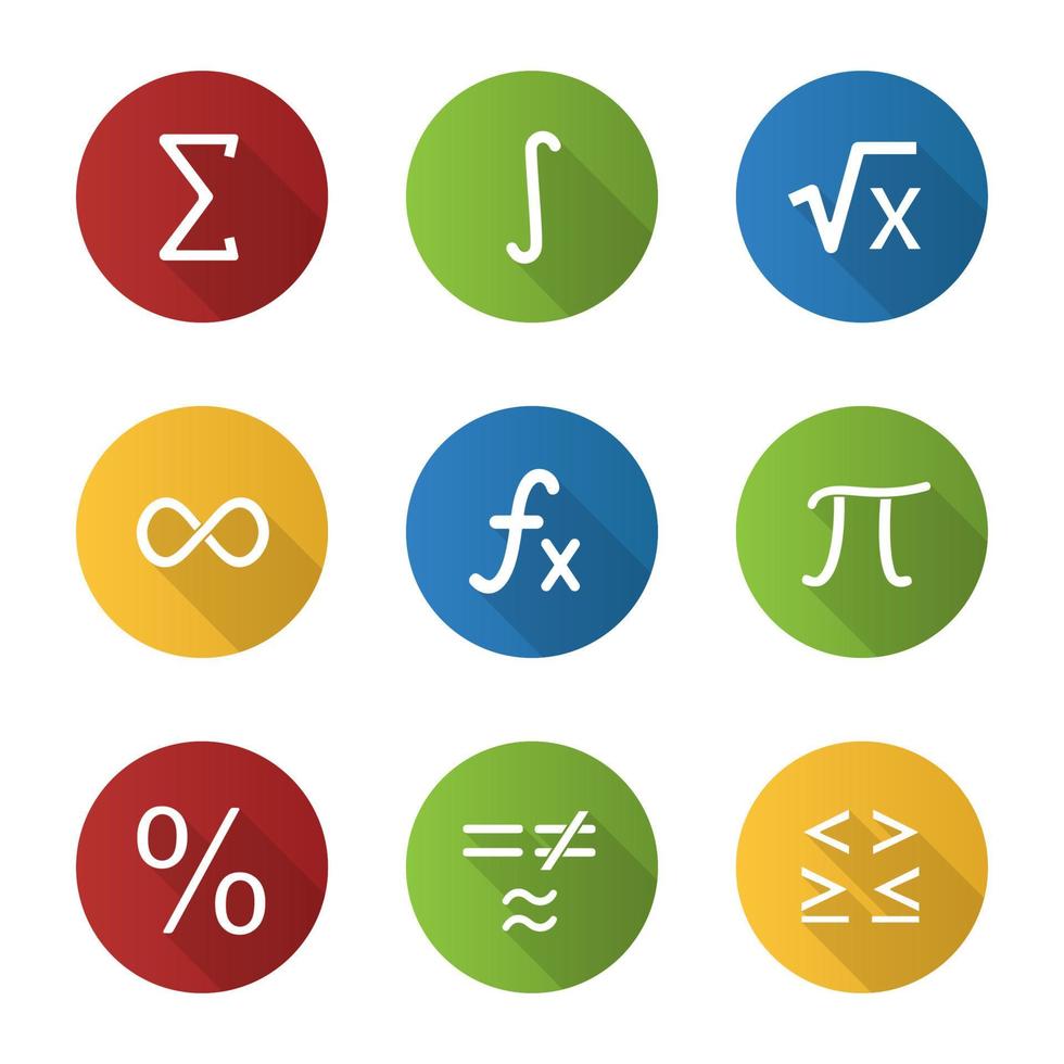 Conjunto de iconos de glifo de larga sombra de diseño plano de matemáticas. símbolos matemáticos. álgebra. ilustración de silueta de vector