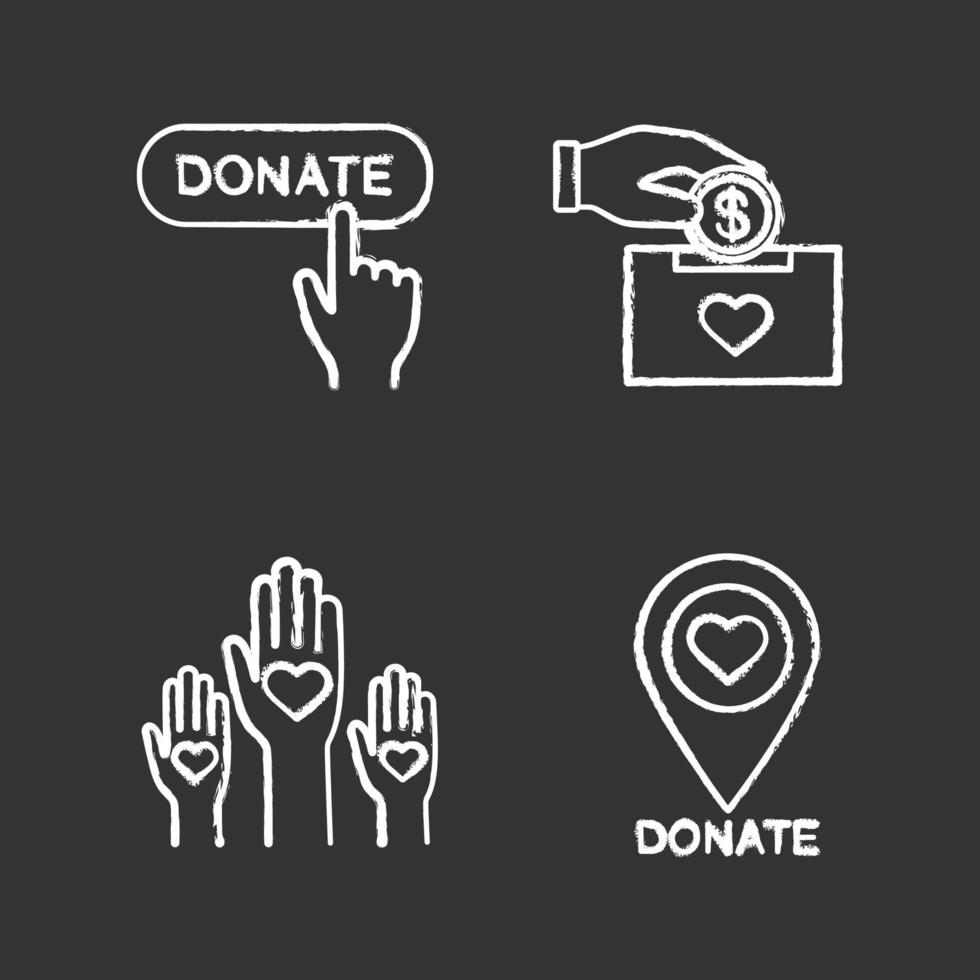 Charity chalk icons set. Donation box, unity in diversity, charity organiazation location, donate click button. Isolated vector chalkboard illustrations