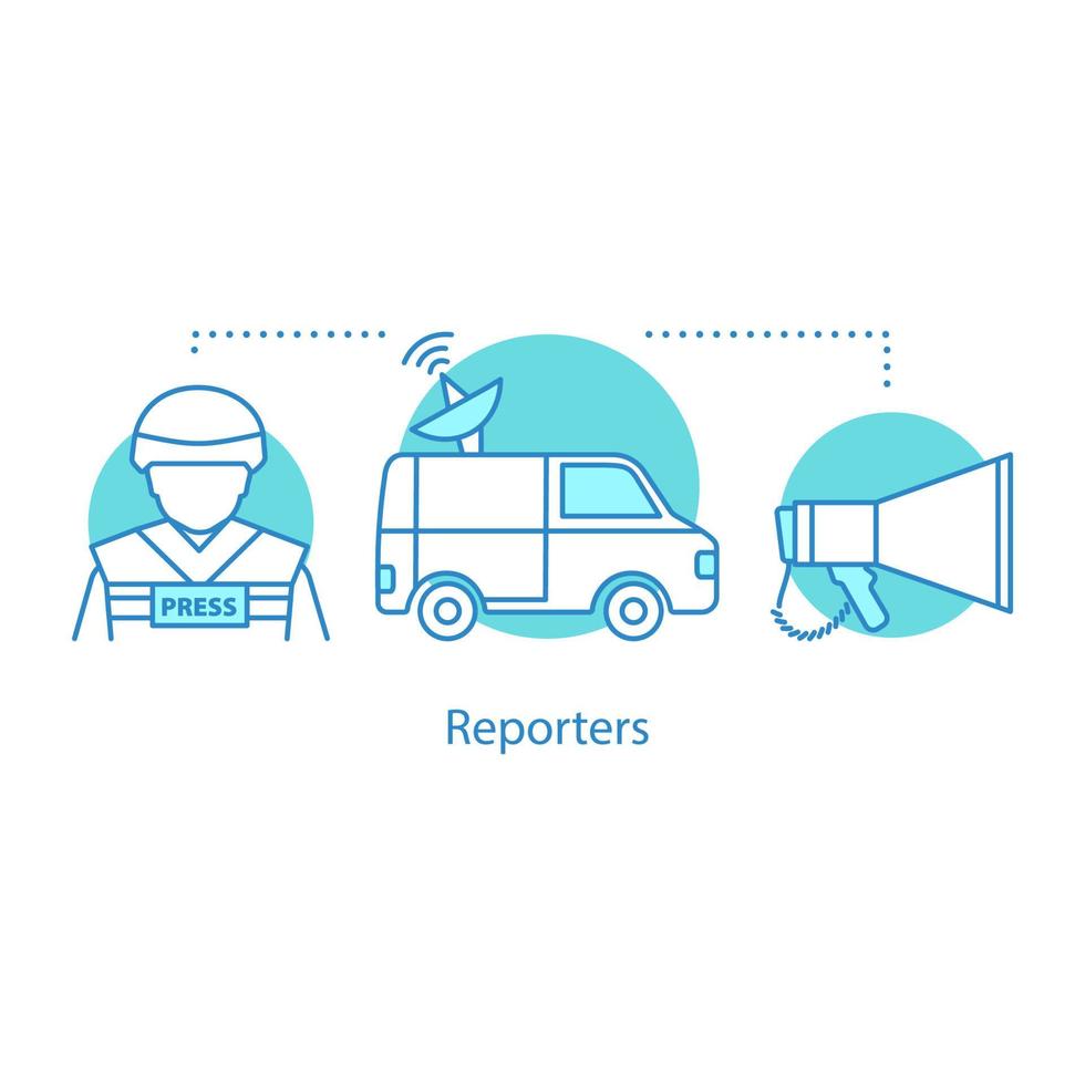 Reporters concept icon. War journalism idea thin line illustration. News van, war correspondent, megaphone. Vector isolated outline drawing