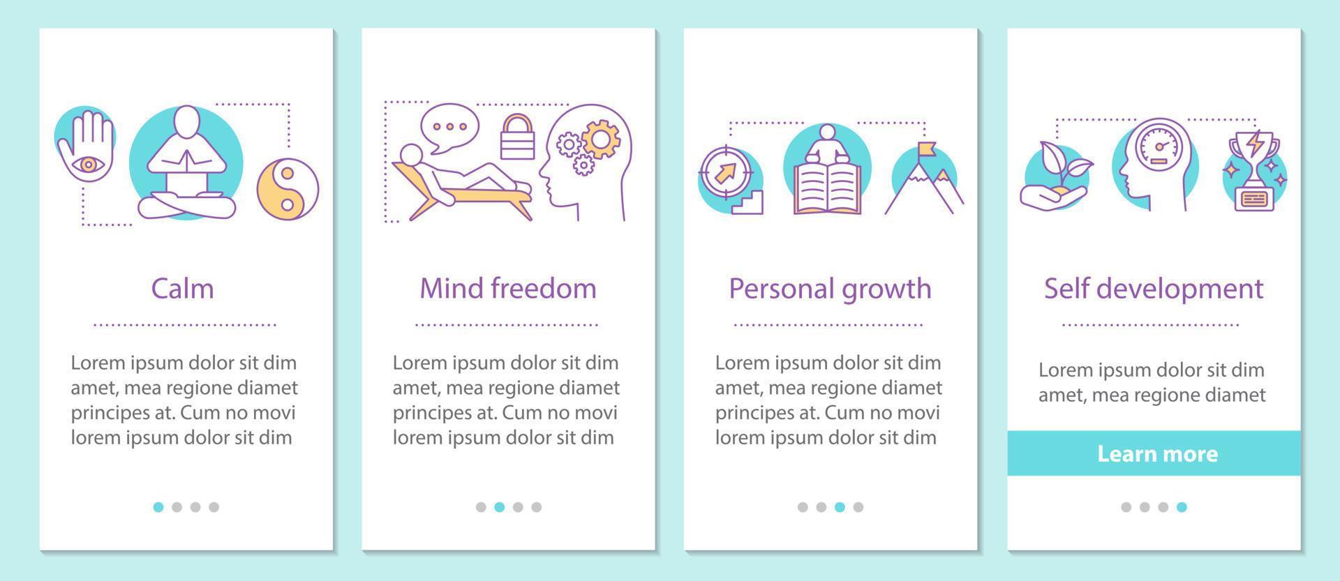 Psychology onboarding mobile app page screen with linear concepts. Calm, mind freedom, personal growth, self development steps graphic instructions. UX, UI, GUI vector template with illustrations