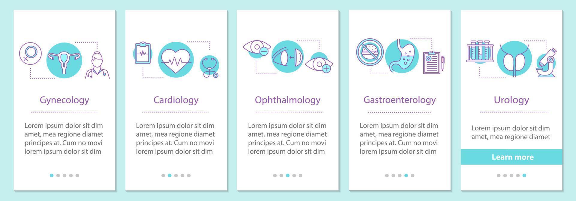 pantalla de la página de la aplicación móvil de incorporación de atención médica con conceptos. ginecología, cardiología, oftalmología, gastroenterología, urología pasos instrucciones gráficas. ux, ui, plantilla de vector de interfaz gráfica de usuario con ilustraciones