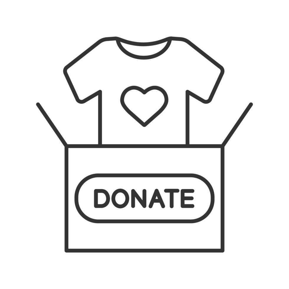 Clothes donating linear icon. Thin line illustration. Donation box with t-shirt. Used clothes. Charity contour symbol. Vector isolated outline drawing