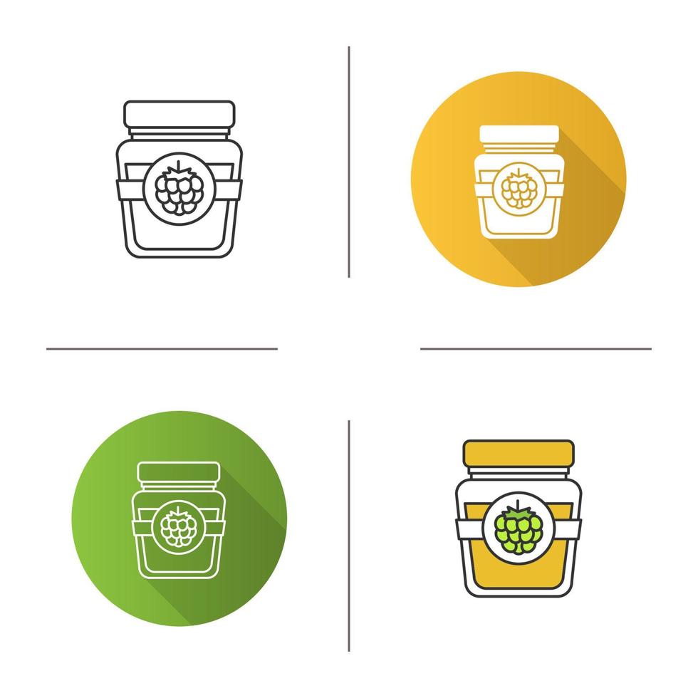 Raspberry or blackberry jam jar icon. Fruit preserve. Flat design, linear and color styles. Isolated vector illustrations