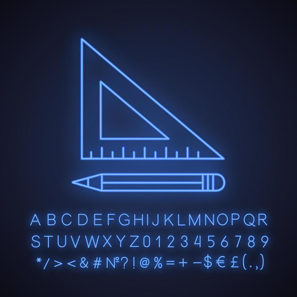 Triangular ruler with pencil neon light icon. Drafting glowing sign with alphabet, numbers and symbols. Vector isolated illustration