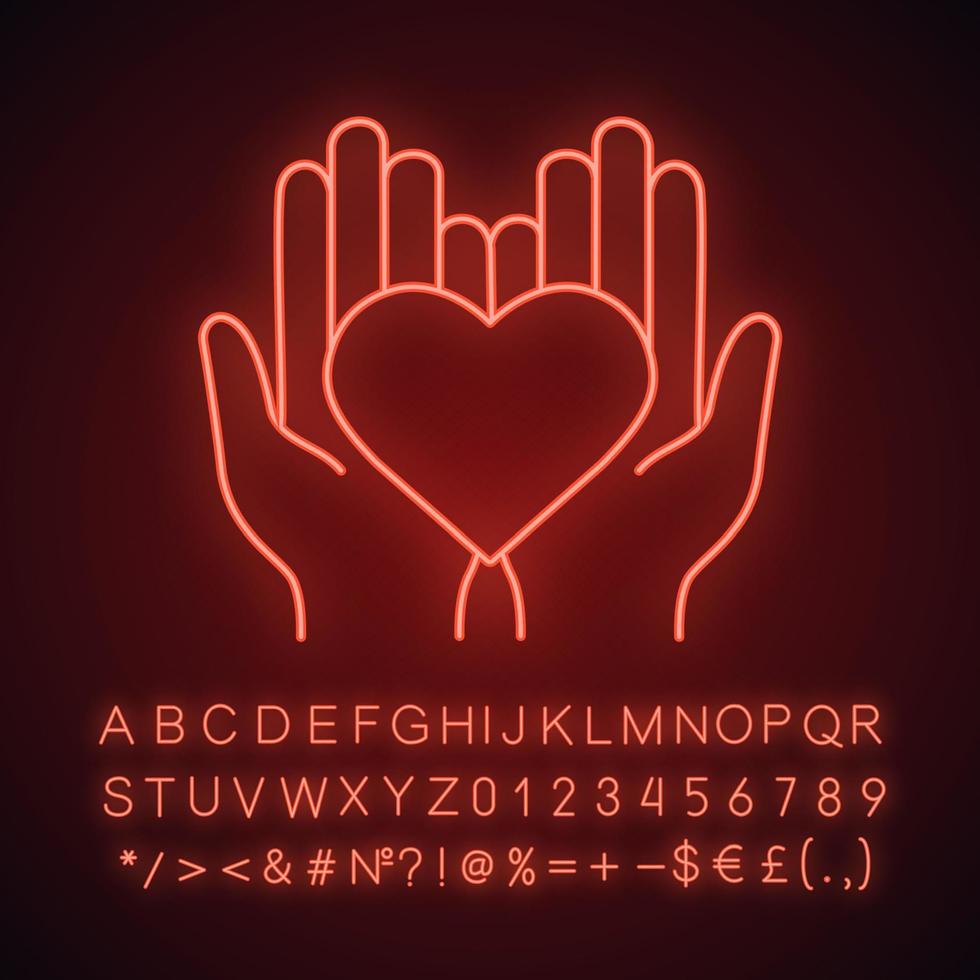 Charity neon light icon. Medicine and healthcare glowing sign. Life insurance. Hands holding heart. Vector isolated illustration