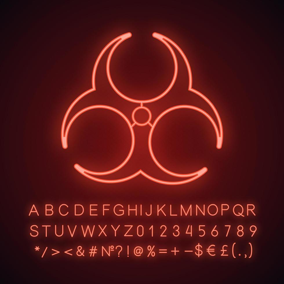 Biohazard danger neon light icon. Bio hazard caution. Glowing sign with alphabet, numbers and symbols. Vector isolated illustration