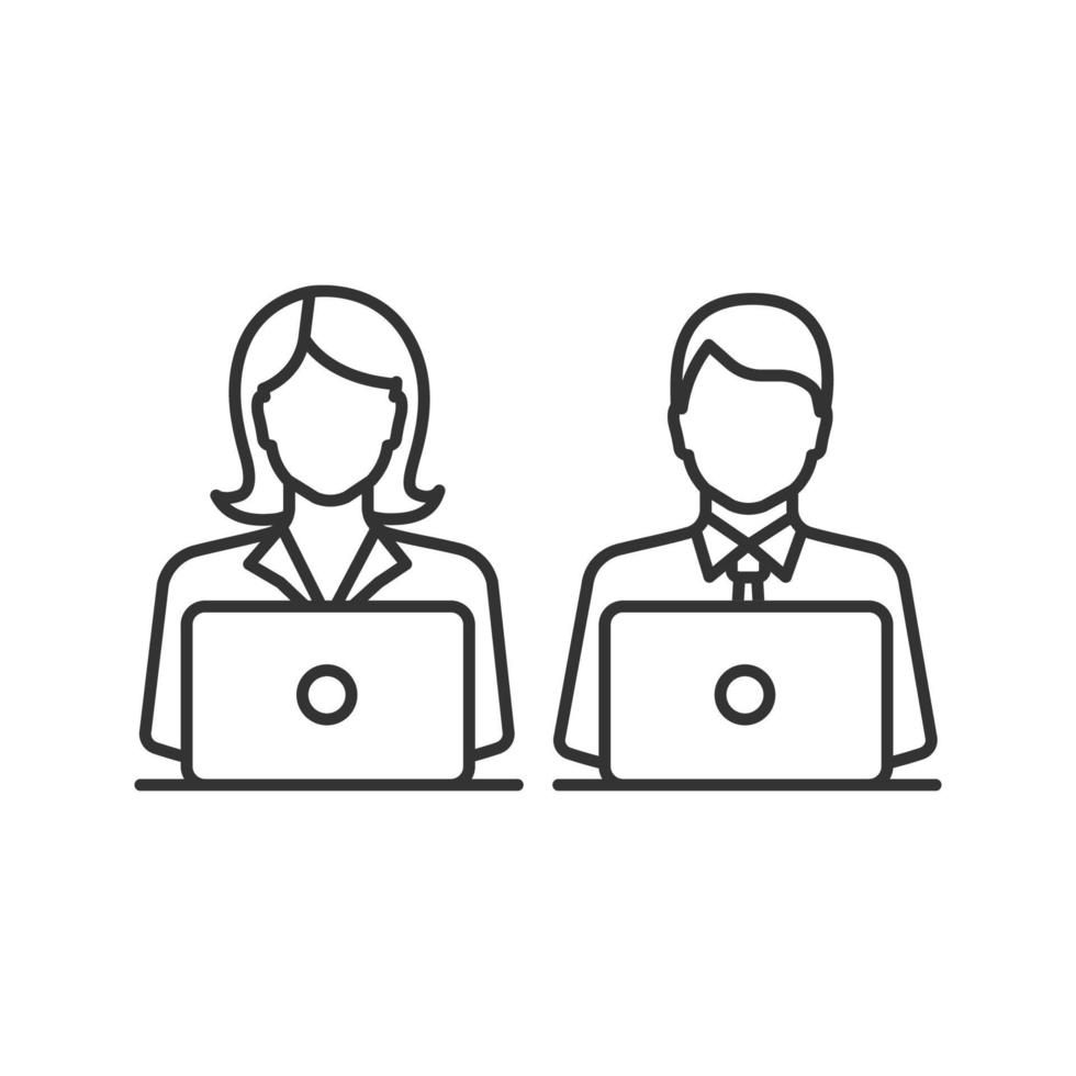 Coworking linear icon. Office work. Freelancing. Thin line illustration. Contour symbol. Colleagues working with laptops. Vector isolated outline drawing