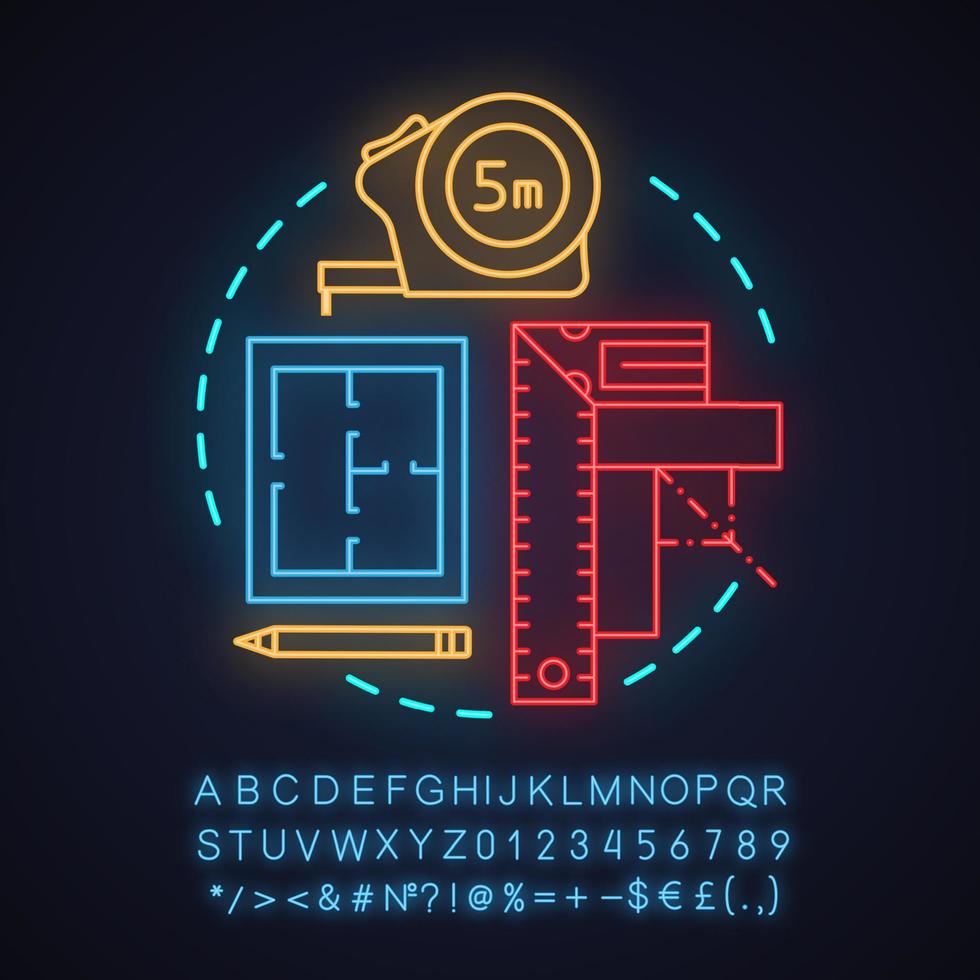 Building project neon light concept icon. Blueprint idea. Floor plan. Glowing sign with alphabet, numbers and symbols. Vector isolated illustration