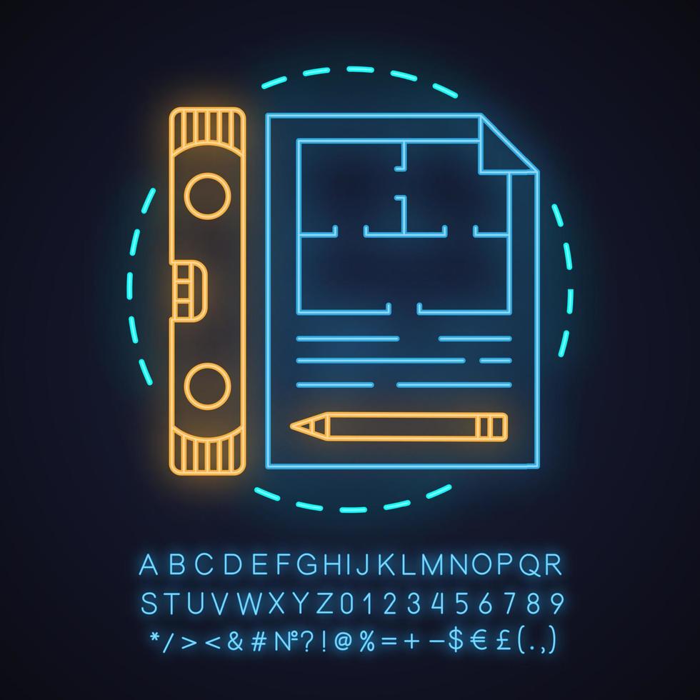 Building project neon light concept icon. Blueprint idea. Floor plan. Glowing sign with alphabet, numbers and symbols. Vector isolated illustration