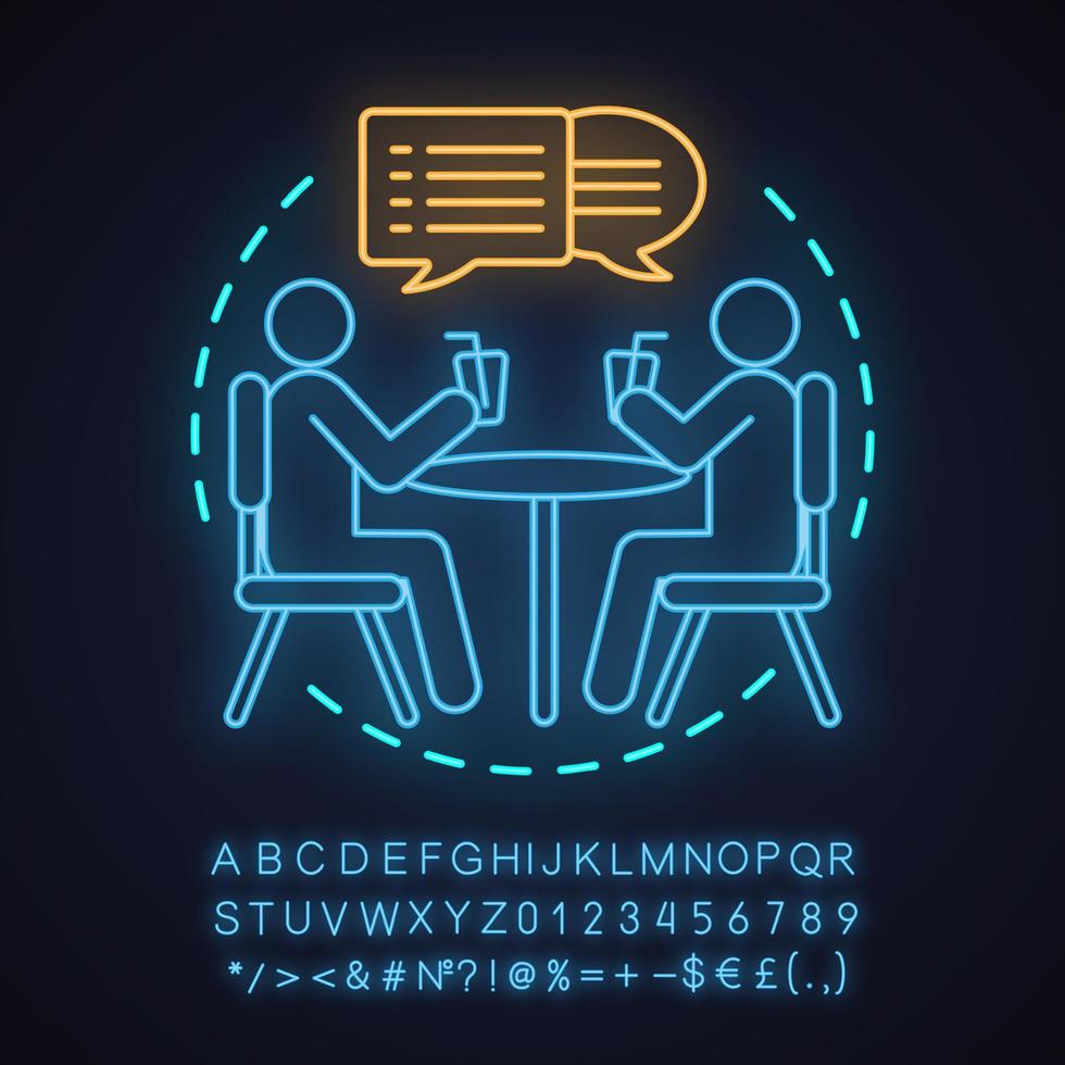 Friendship neon light concept icon. Friends idea. Cafe date. People communicating. Glowing sign with alphabet, numbers and symbols. Vector isolated illustration