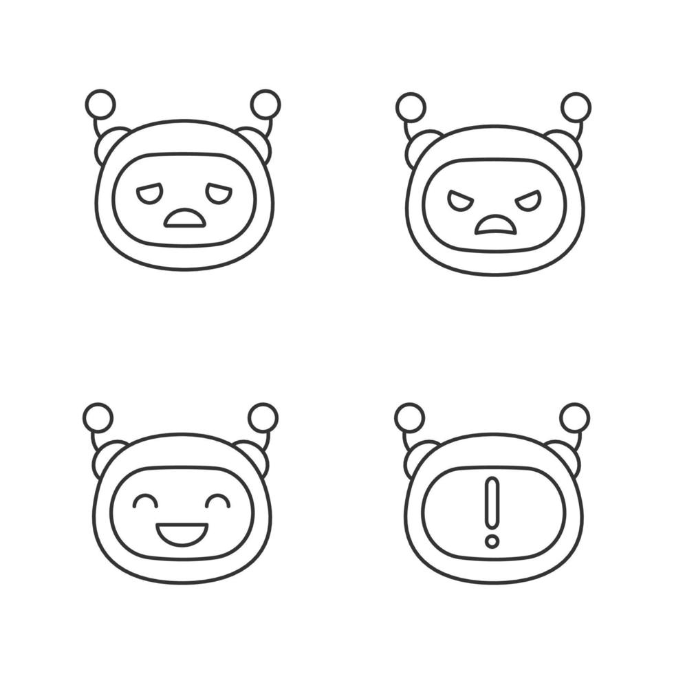 Robot emojis linear icons set. Chatbot emoticons. Sad, angry, happy chat bot smileys. Chatbot notification. Thin line contour symbols. Isolated vector outline illustrations. Editable stroke