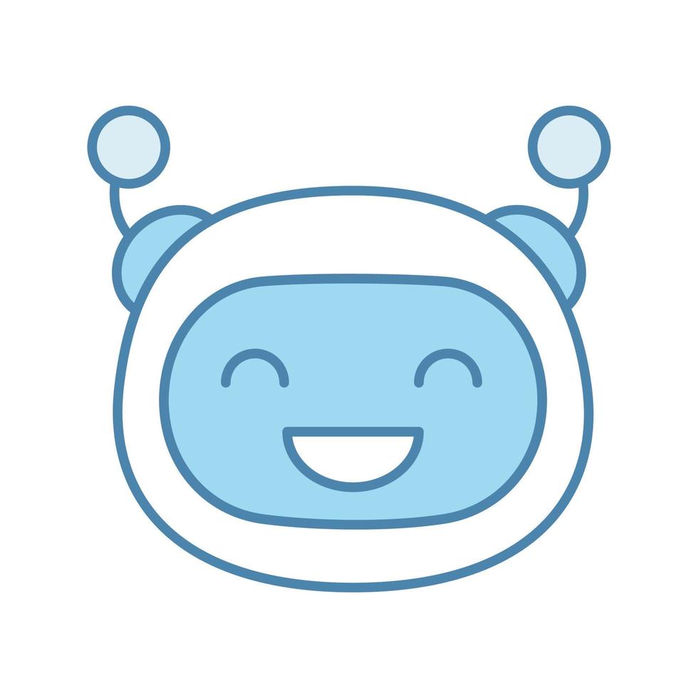 Laughing robot emoji color icon. Happy chatbot smiley with broad smile and closed eyes. Chat bot emoticon. Artificial conversational entity. Artificial intelligence. Isolated vector illustration