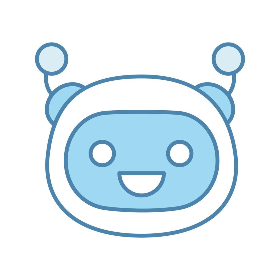 Laughing robot emoji color icon. Happy chatbot smiley with broad smile and open eyes. Chat bot emoticon. Artificial conversational entity. Artificial intelligence. Isolated vector illustration