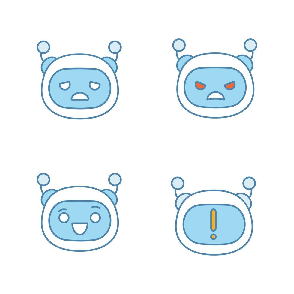 Conjunto de iconos de color de emojis de robot. emoticonos de chatbot. emoticonos de bot de chat tristes, enojados y felices. notificación de chatbot. inteligencia artificial. asistente virtual. ilustraciones vectoriales aisladas vector