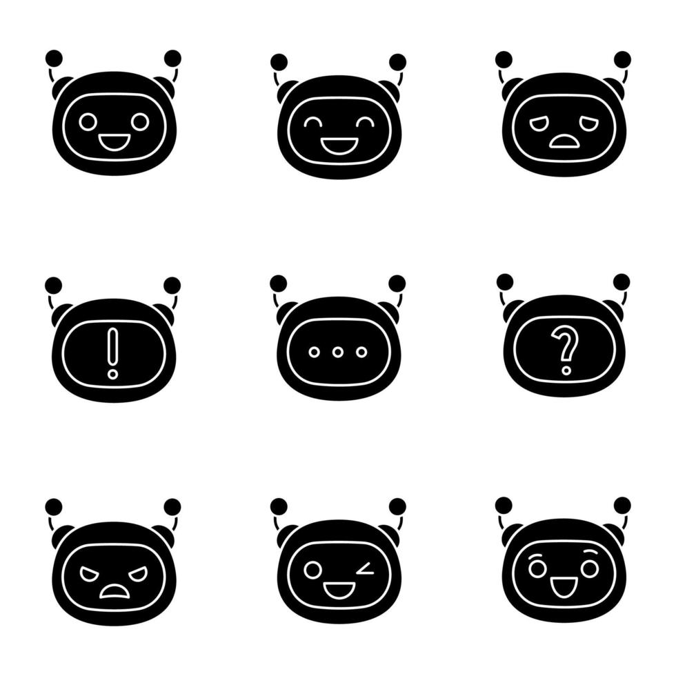Robot emojis glyph icons set. Chatbot emoticons. Chat bot smileys. Artificial intelligence. Virtual assistant. Artificial conversational entity. Silhouette symbols. Vector isolated illustration