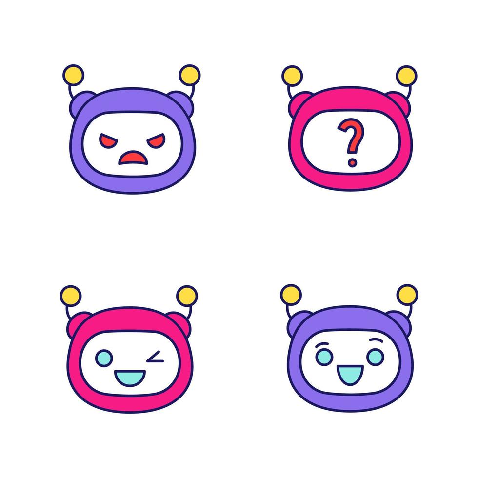 Conjunto de iconos de color de emojis de robot. emoticonos de chatbot. emoticonos de bot de chat enojados, guiños y risueños. preguntas frecuentes del chatbot. inteligencia artificial. asistente virtual. ilustraciones vectoriales aisladas vector