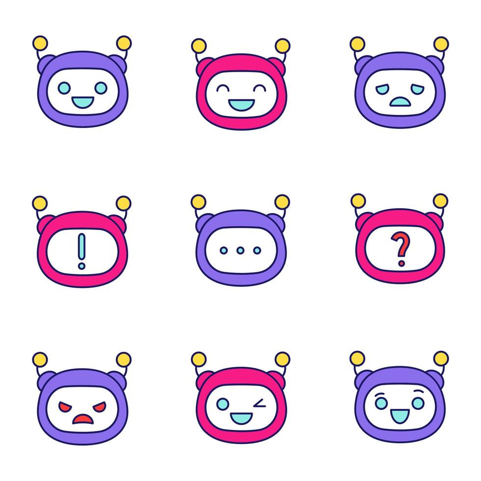 Conjunto de iconos de color de emojis de robot. emoticonos de chatbot. chat bot smileys. inteligencia artificial. asistente virtual. entidad conversacional artificial. ilustraciones vectoriales aisladas vector