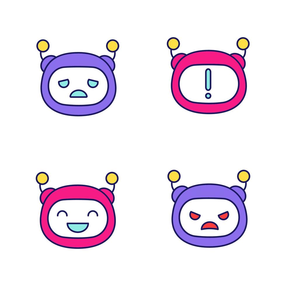 Conjunto de iconos de color de emojis de robot. emoticonos de chatbot. emoticonos de bot de chat tristes, enojados y felices. notificación de chatbot. inteligencia artificial. asistente virtual. ilustraciones vectoriales aisladas vector