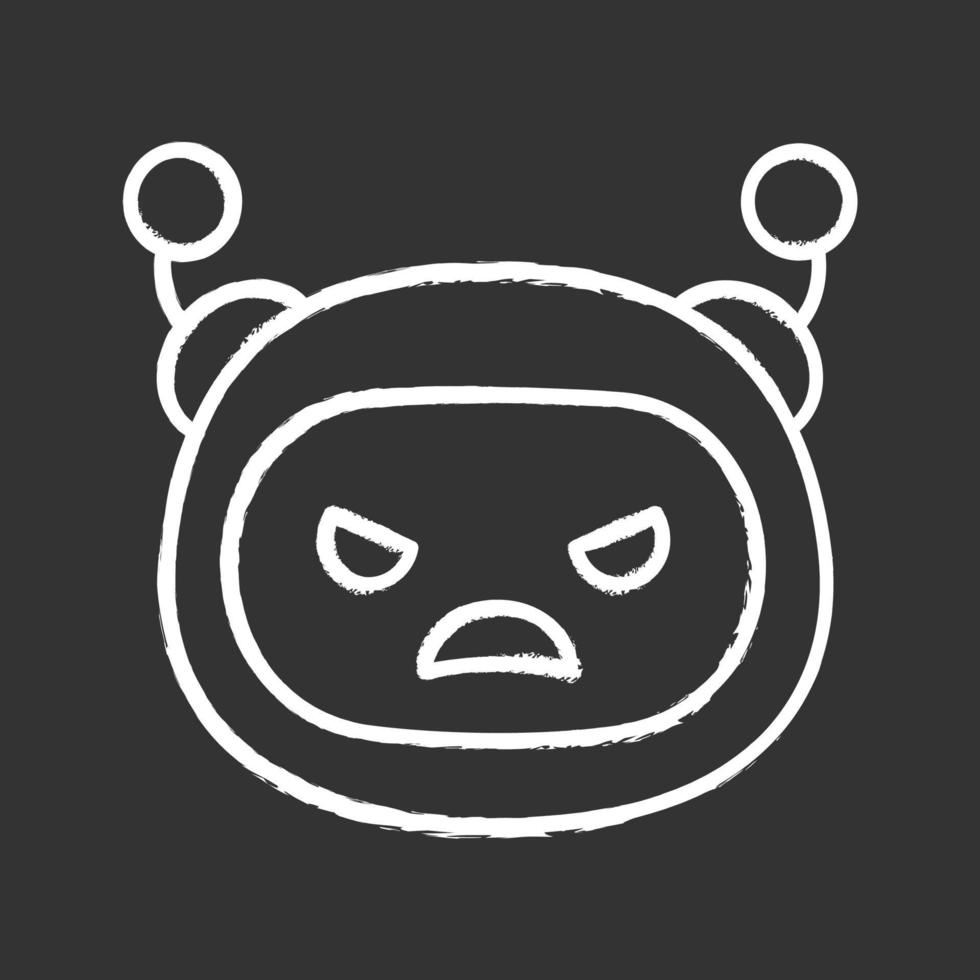 Angry robot emoji chalk icon. Frowned chatbot smiley. Chat bot emoticon. Artificial conversational entity. Virtual assistant. Artificial intelligence. Isolated vector chalkboard illustration