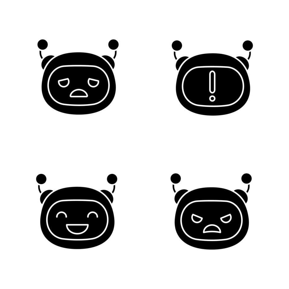 Robot emojis glyph icons set. Chatbot emoticons. Sad, angry, happy chat bot smileys. Chatbot notification. Artificial intelligence. Virtual assistant. Silhouette symbols. Vector isolated illustration