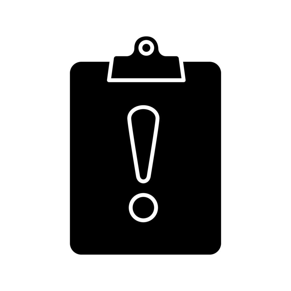 Assignment late glyph icon. Clipboard with exclamation mark. Silhouette symbol. Negative space. Vector isolated illustration