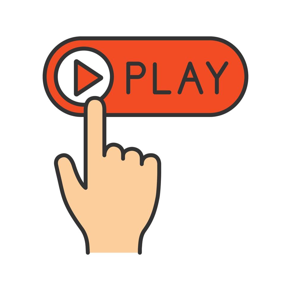 Play button click color icon. Multimedia player. Start, launch. Hand pushing button. Isolated vector illustration