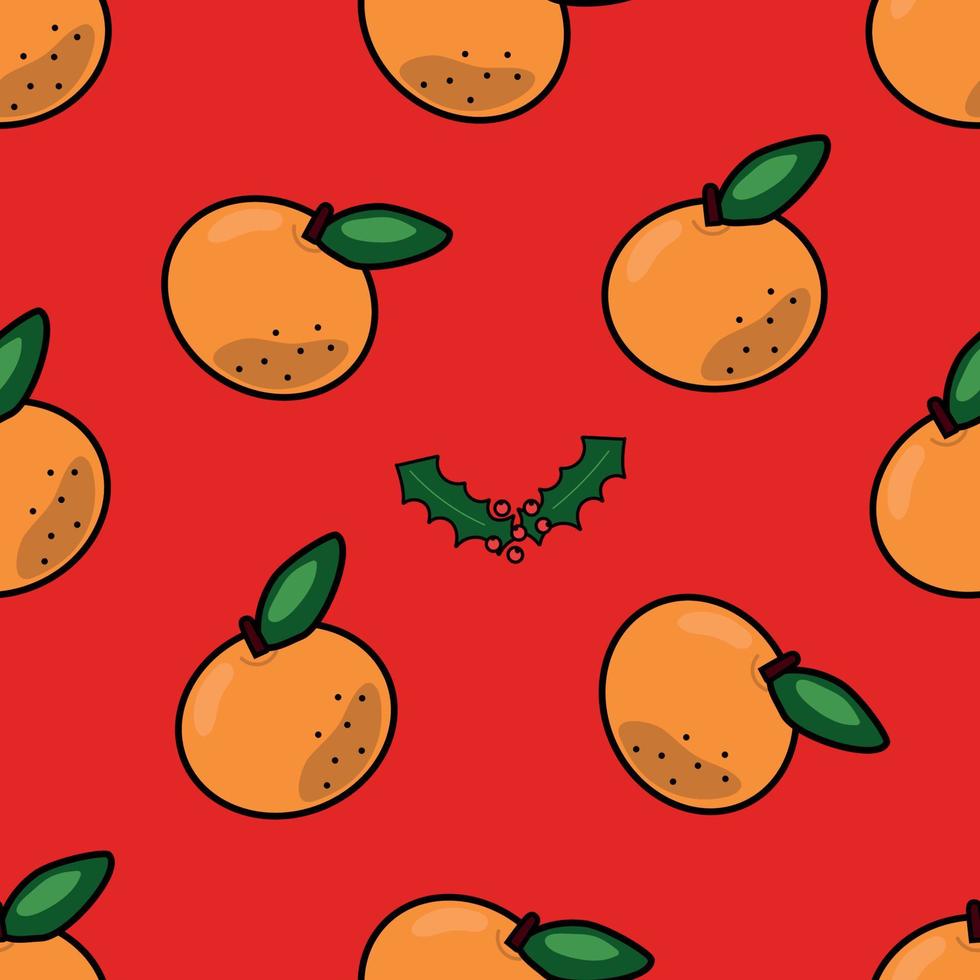 Seamless pattern of Mandarins with leaves, on red background. vector