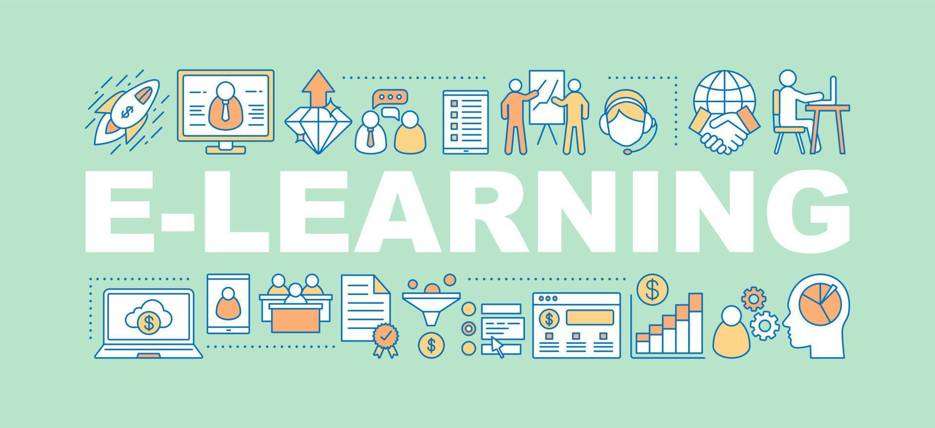 E-learning word concepts banner. E-commerce. Business strategy development. Isolated lettering typography idea with linear icons. Internet business. Vector outline illustration