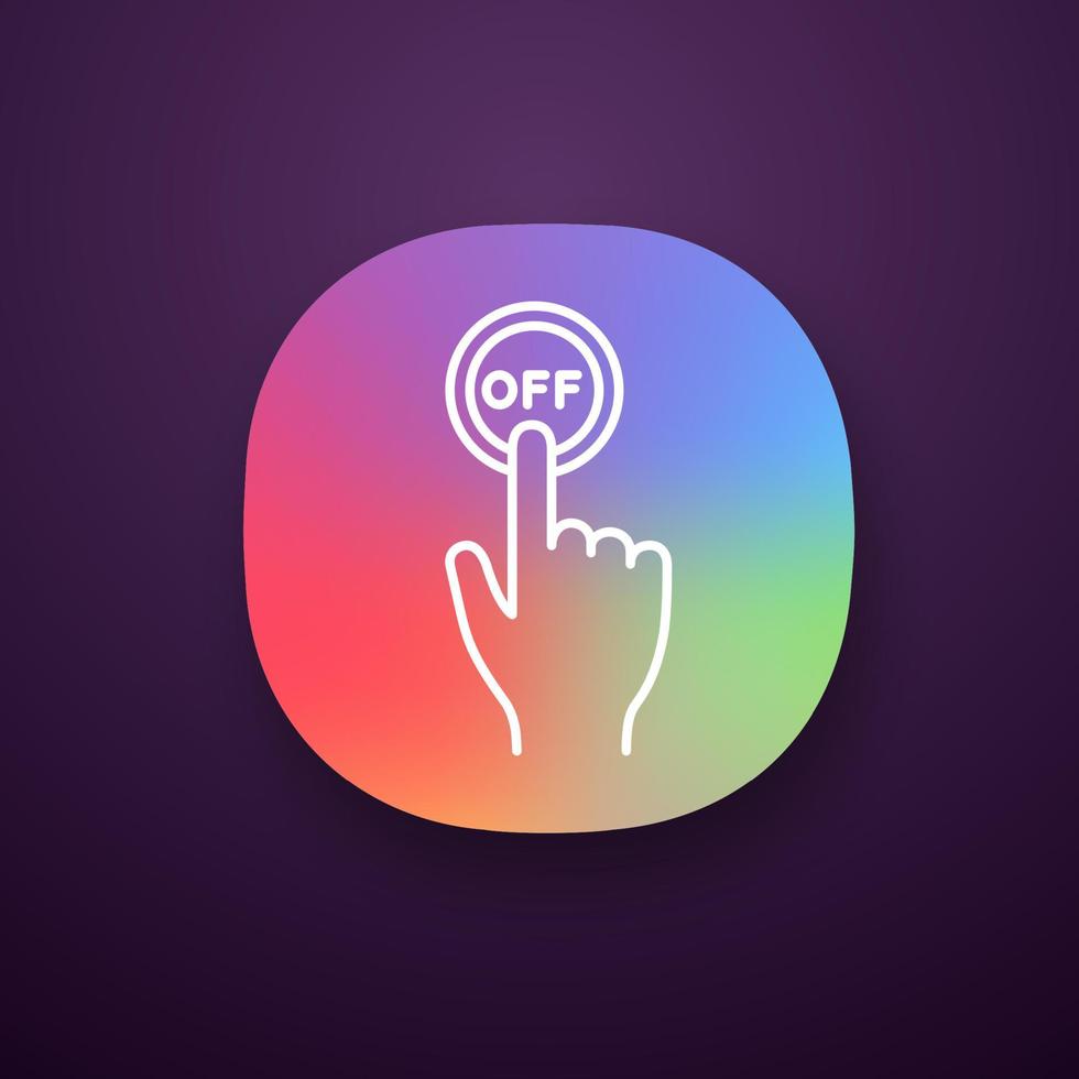 Turn off button click app icon. Shutdown. Power off. Hand pressing button. UI UX user interface. Web or mobile applications. Vector isolated illustration