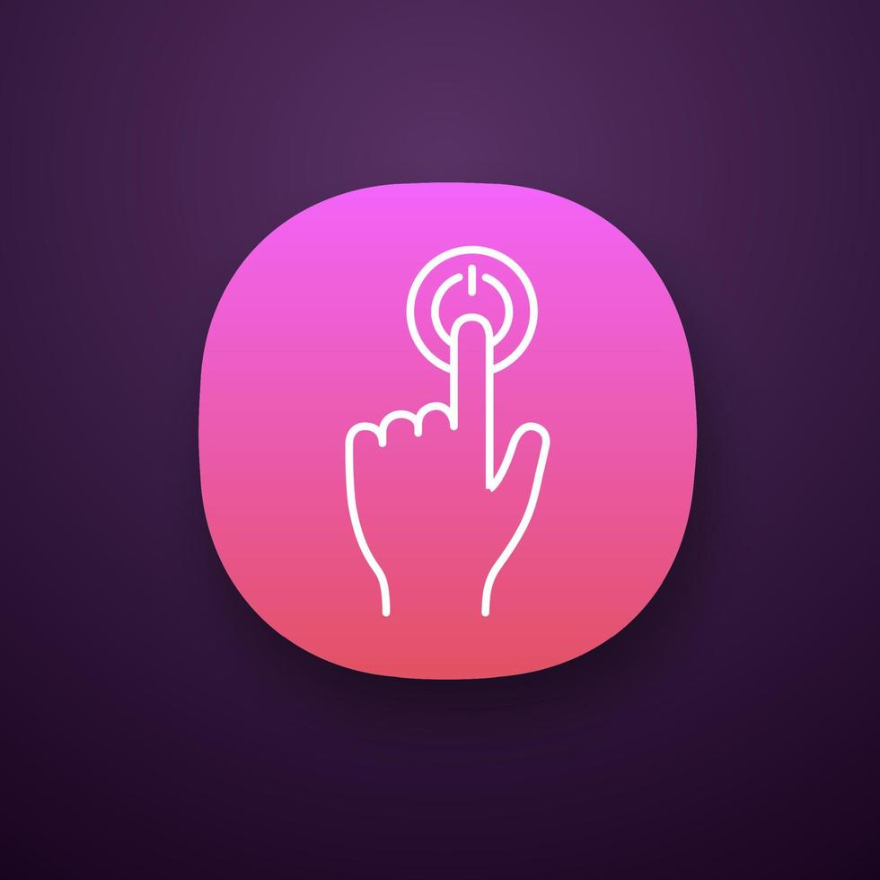 Power button click app icon. UI UX user interface. Start. Turn on. Hand pressing button. Web or mobile applications. Vector isolated illustration