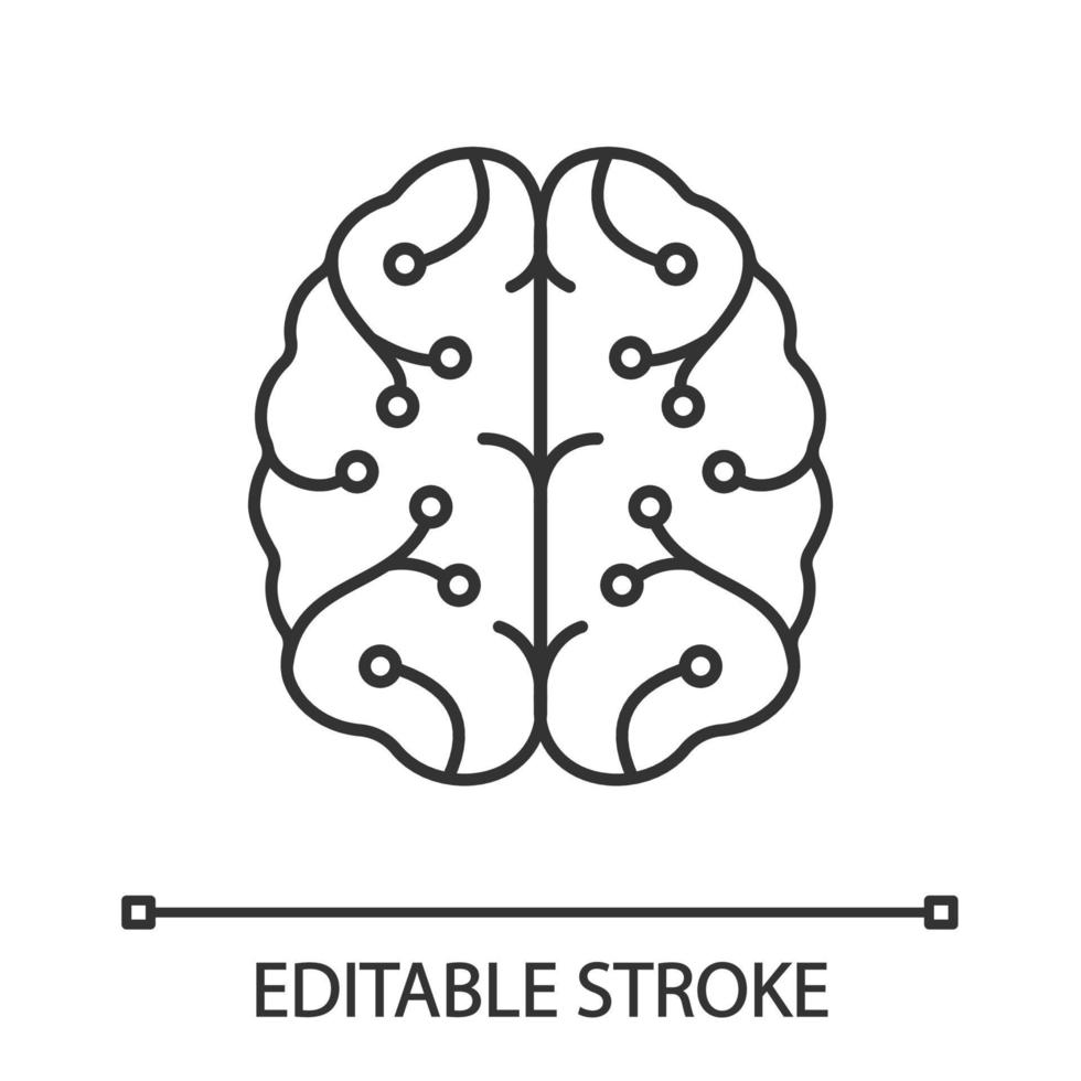 AI linear icon. Thin line illustration. Digital brain. Artificial intelligence. Neurotechnology. Neural network. Machine learning. Contour symbol. Vector isolated outline drawing. Editable stroke