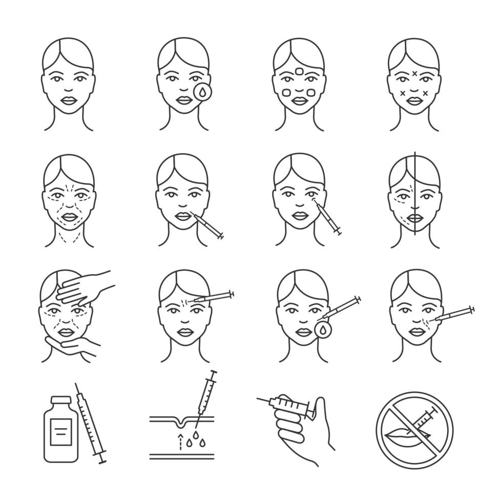 Neurotoxin injection procedure linear icons set. Facial rejuvenation. Anti wrinkle procedures. Cosmetology. Thin line contour symbols. Isolated vector outline illustrations. Editable stroke