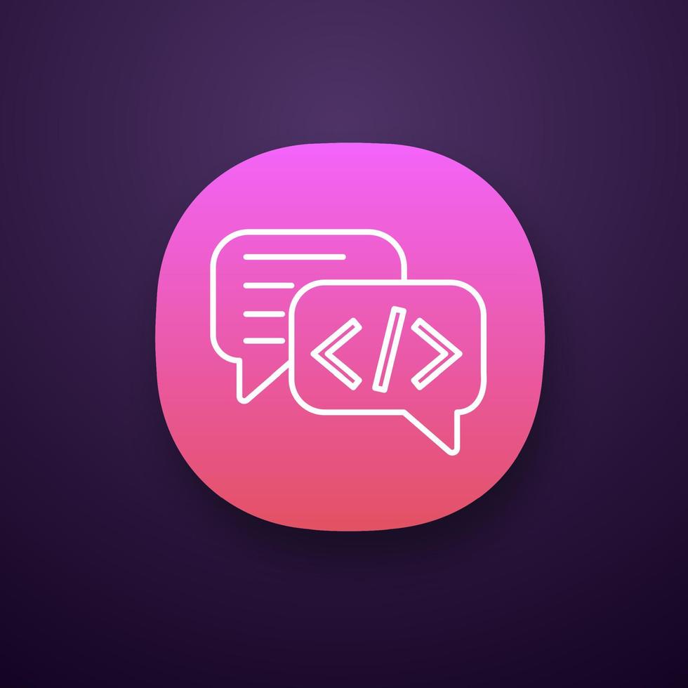 Chatbot coding app icon. UI UX user interface. Talkbot with chip insert. Codebot. Code writing virtual assistant. Online helper. Web or mobile application. Vector isolated illustration