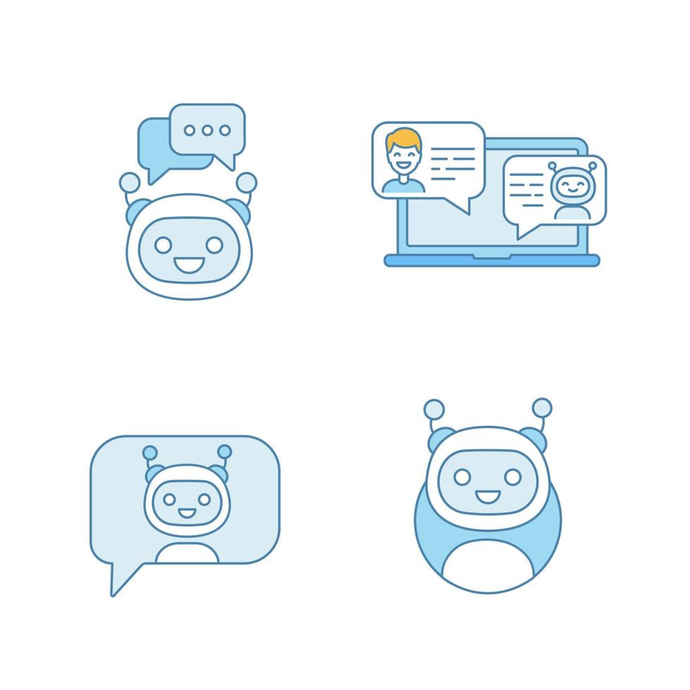 Chatbots color icons set. Virtual assistants. Messenger and chat bots. Modern robots. Smartphone and laptop chatterbots. Isolated vector illustrations