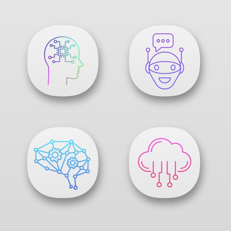 Artificial intelligence app icons set. UI UX user interface. Neural network. Neurotechnology. Chat bot, AI, digital brain, cloud computing. Web or mobile applications. Vector isolated illustrations
