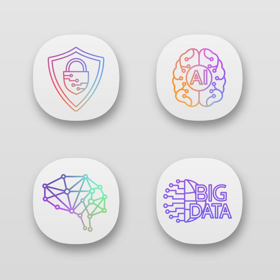 Artificial intelligence app icons set. UI UX user interface. AI, neural network, cybersecurity, big data. Web or mobile applications. Vector isolated illustrations