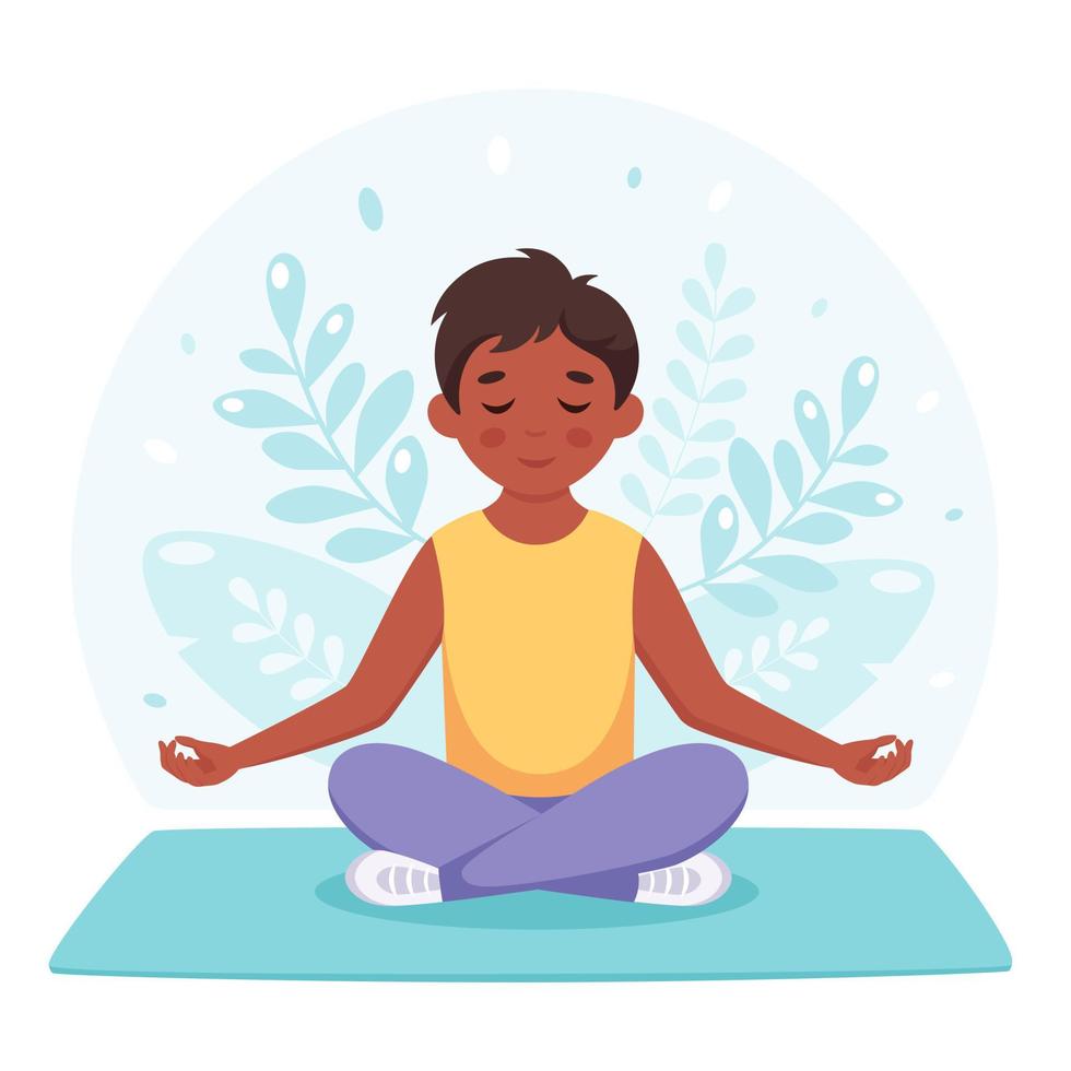Boy meditating in lotus pose. Yoga and meditation for kids vector