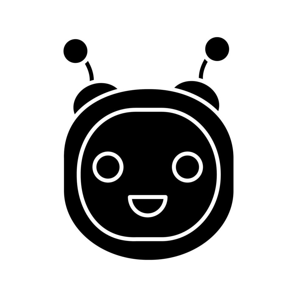 Chatbot glyph icon. Silhouette symbol. Talkbot. Modern robot. Round head laughing chat bot. Virtual assistant. Conversational agent. Negative space. Vector isolated illustration