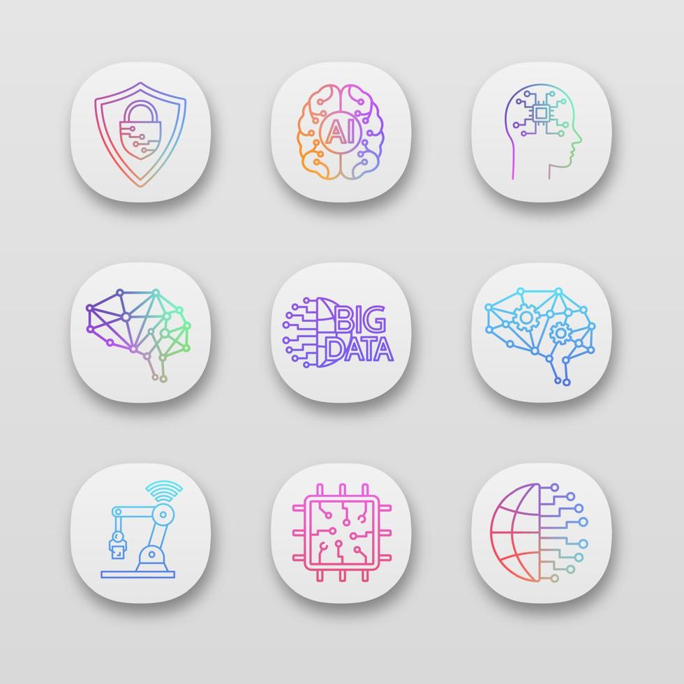 Artificial intelligence app icons set. UI UX user interface. Neurotechnology. AI, digital brain, neural network, big data, iot robot, chip. Web or mobile applications. Vector isolated illustrations