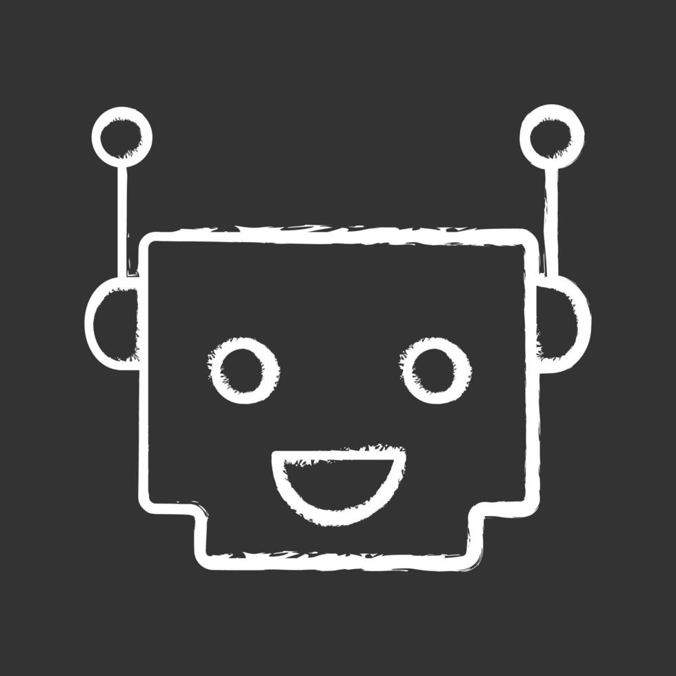 Chatbot chalk icon. Talkbot. Modern robot. Square head laughing chat bot. Virtual assistant. Conversational agent. Isolated vector chalkboard illustration