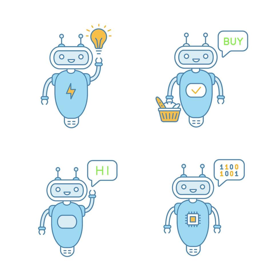 Chatbots color icons set. Talkbots. Virtual assistants. New idea, buy, hi, code chat bots. Modern robots. Isolated vector illustrations