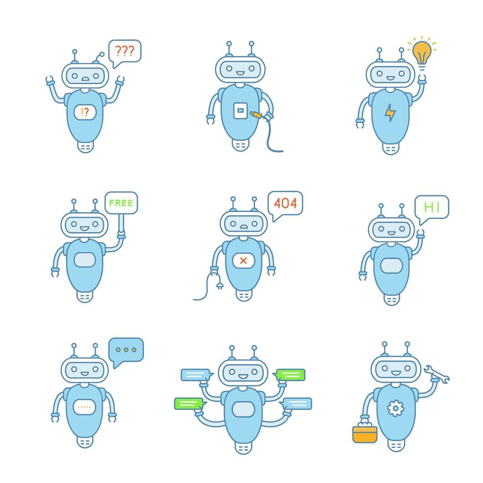 Chatbots color icons set. Talkbots. Question, USB, idea, free, not found, hi, error, typing, repair chat bots. Modern robots. Isolated vector illustrations